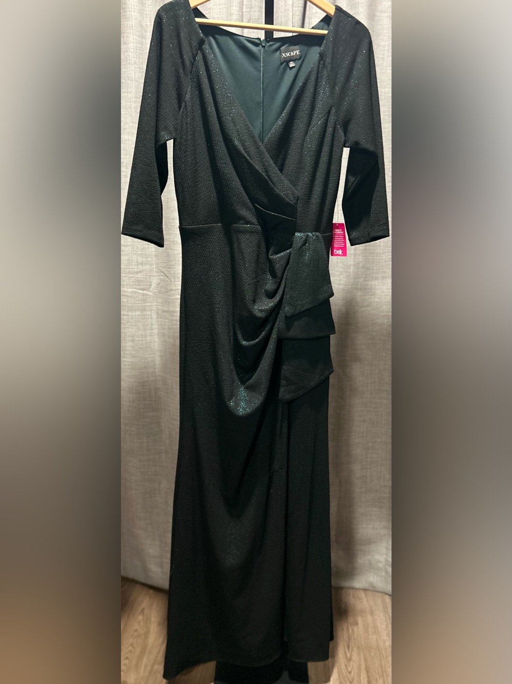 Xscape Dark Green Long Sleeve Ruched Draped Evening Dress